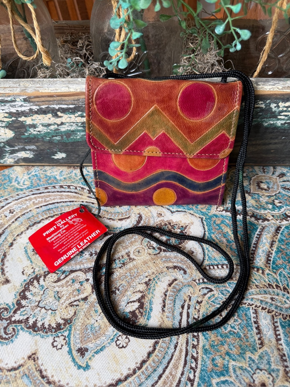 The Print Gallery Hand Painted Leather Neck Wallet MTC 1993 Vintage NWT